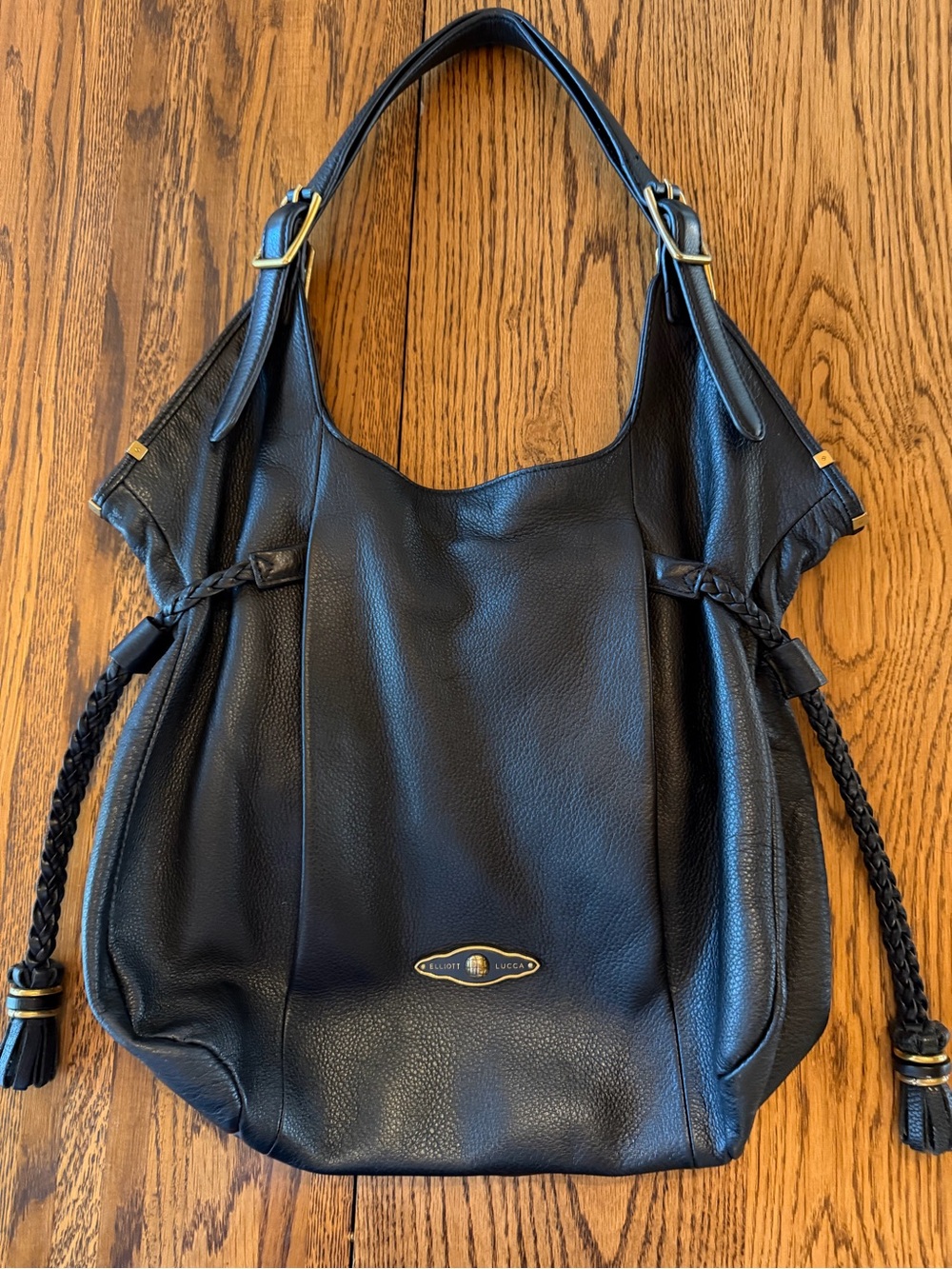 Black Leather Elliot Luca Tote with Brass Logo Plaque